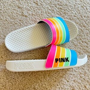 New VICTORIA’S SECRET PINK SLIDES WHITE RAINBOW Single Strap Slides